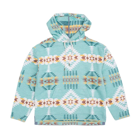 A hooded chamois cotton sweatshirt with a geometric pattern featuring turquoise, beige, and red colors, and a large kangaroo pocket at the hem.