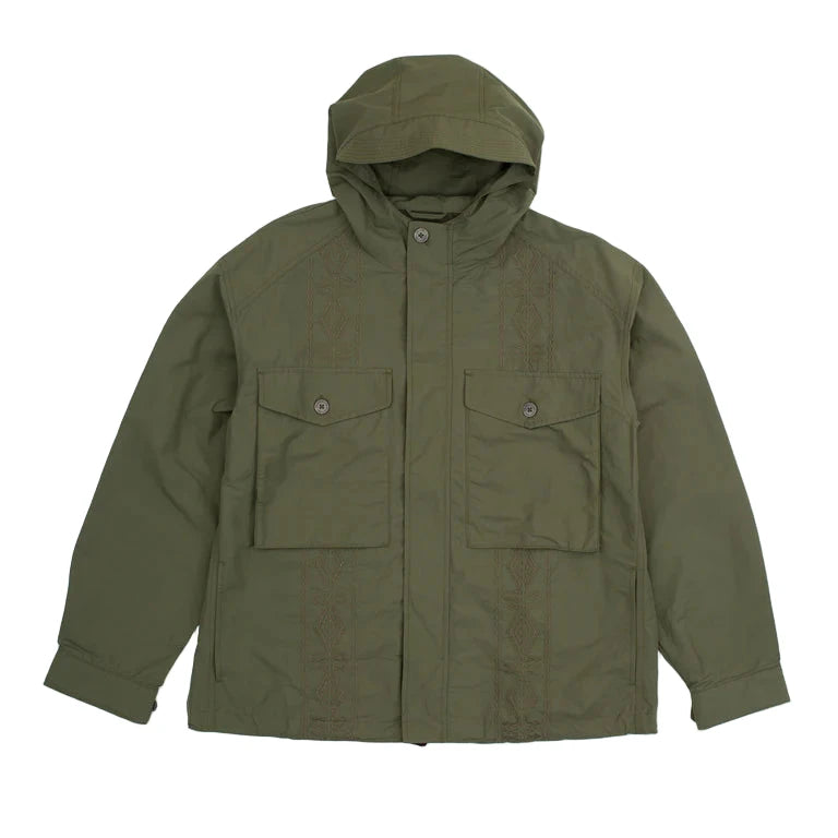 A green military-style parka jacket with a hood, featuring patch pockets, a zipper front, and subtle embroidery details.