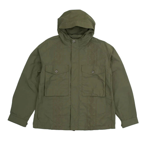 A green military-style parka jacket with a hood, featuring patch pockets, a zipper front, and subtle embroidery details.